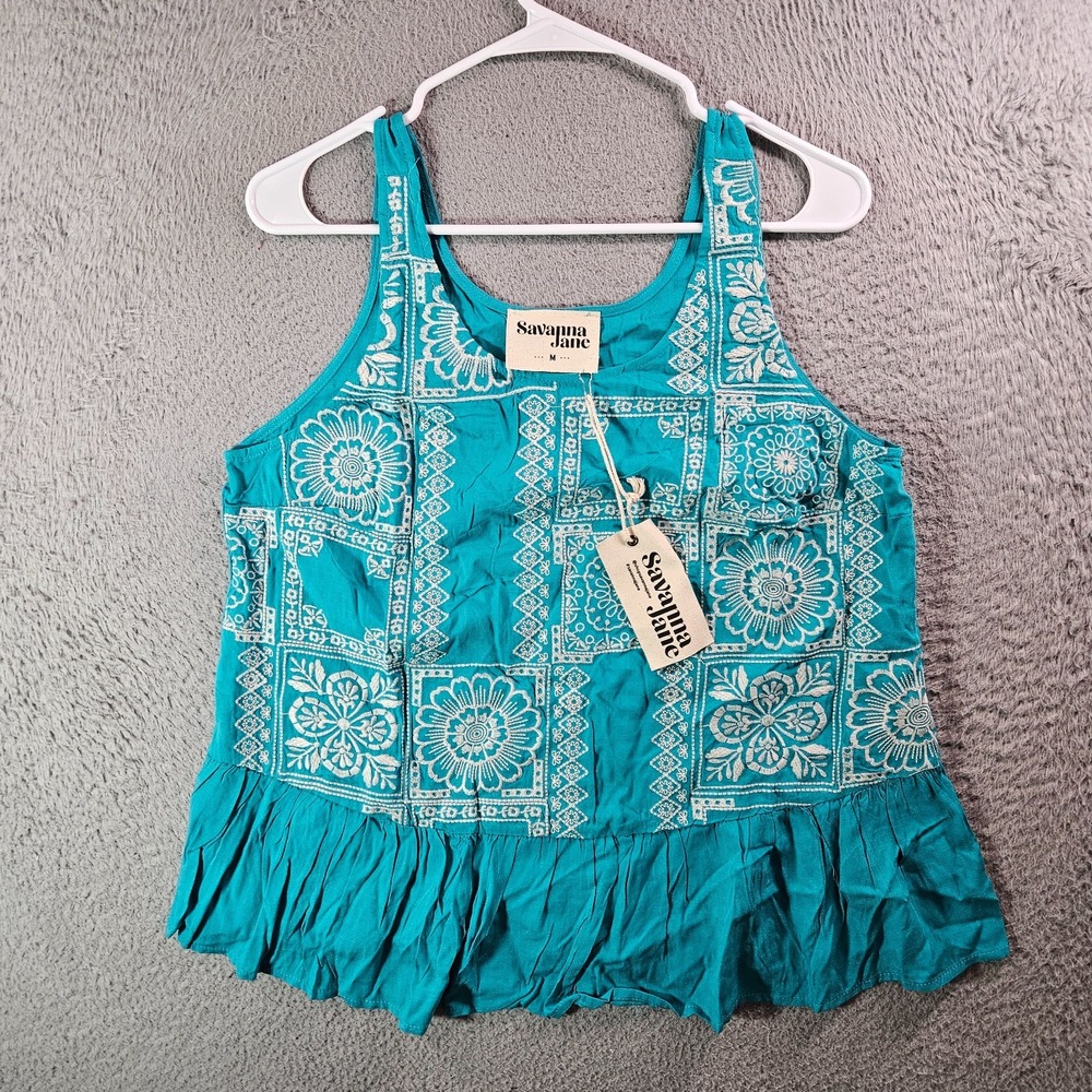 NEW Savanna Jane Sleeveless Top‎ Women Medium Embroidered White Green Cottoncore